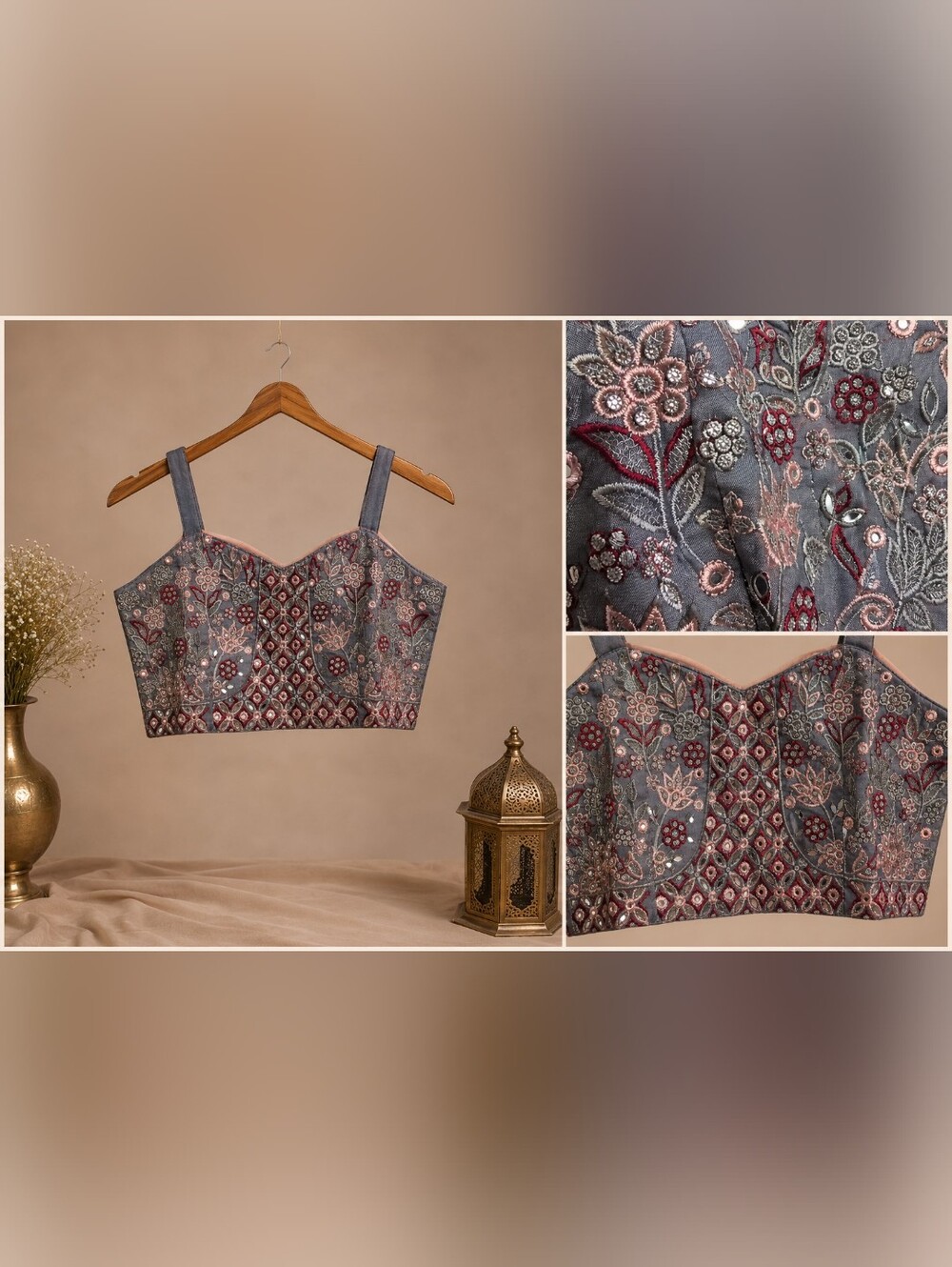 Grey & Blush Pink Embroidered Lehenga Choli Set with Printed Dupatta XS - Picture 7 of 8